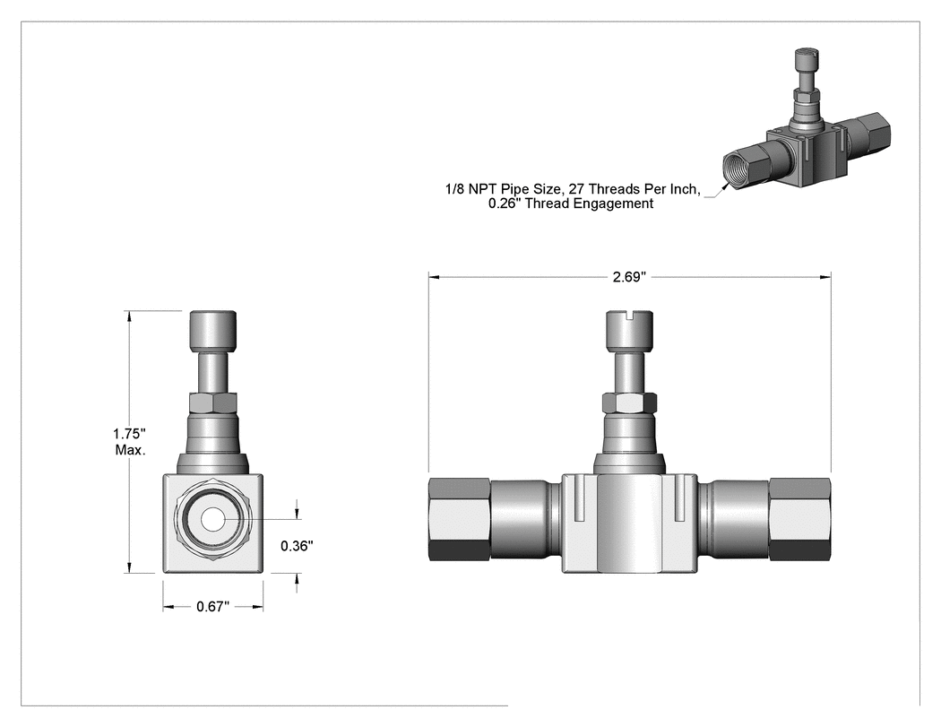 Teknik Çizim - Hava Akışı Kontrol Valfi, Hat Üstü, 1/8 NPT Dişi Giriş x 1/8 NPT Dişi Çıkış