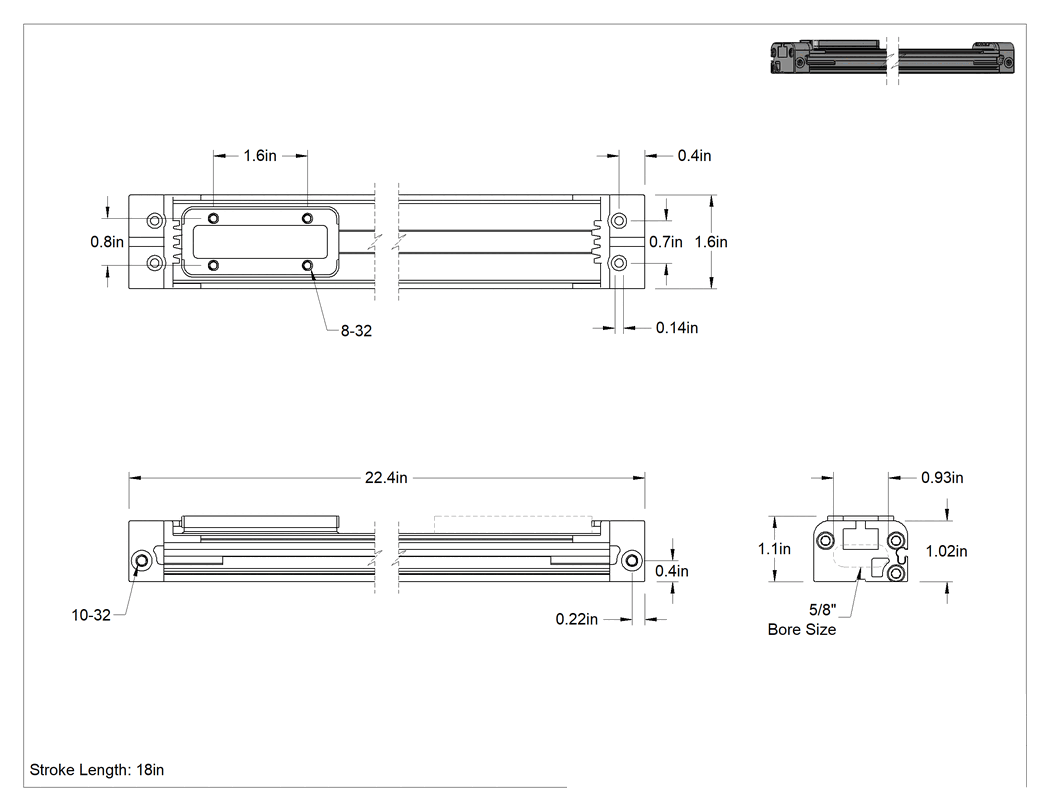 Teknik Çizim - Düşük Profilli Çubuksuz Hava Sürgüsü, 5/8" Delik Boyutu, 1.1" Yükseklik, 18" Strok Uzunluğu