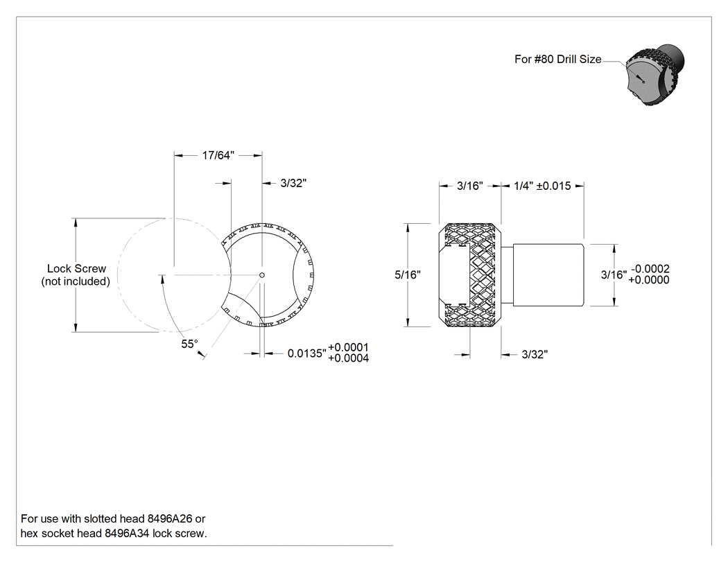 Teknik Çizim - Çıkarılabilir Matkap Burcu, 0.0135" İç Çap, 3/16" Dış Çap, 1/4" Uzunluk