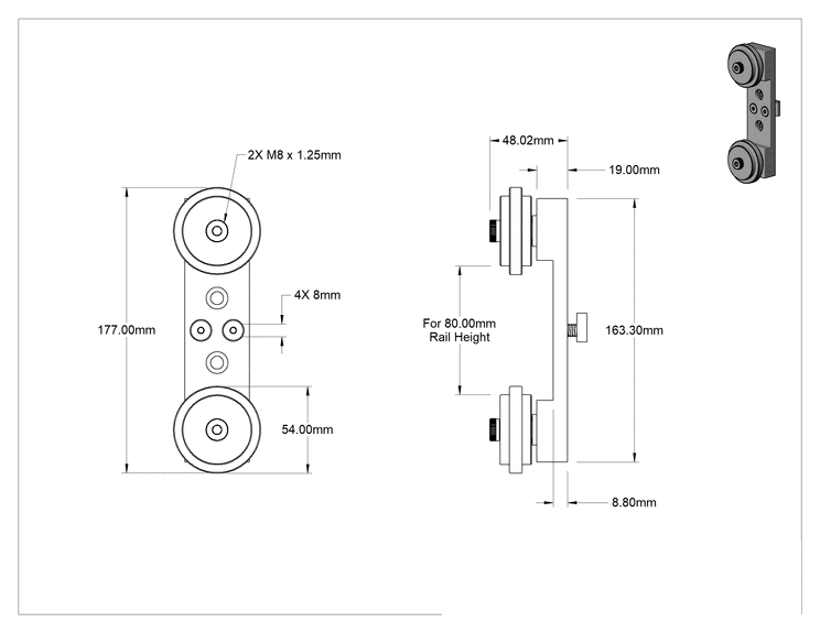 Teknik Çizim - T-Yivli Çerçeve, 80 mm Yüksekliğinde Çift Ray için Yan Montajlı Ray Makarası, Gümüş