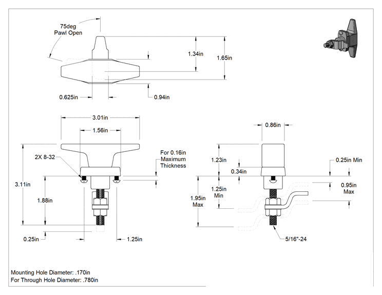 Teknik Çizim - Sıkı Tutuş T-Saplı Kam Mandalı, 5/32" Maksimum Kalınlık, Ayarlanabilir