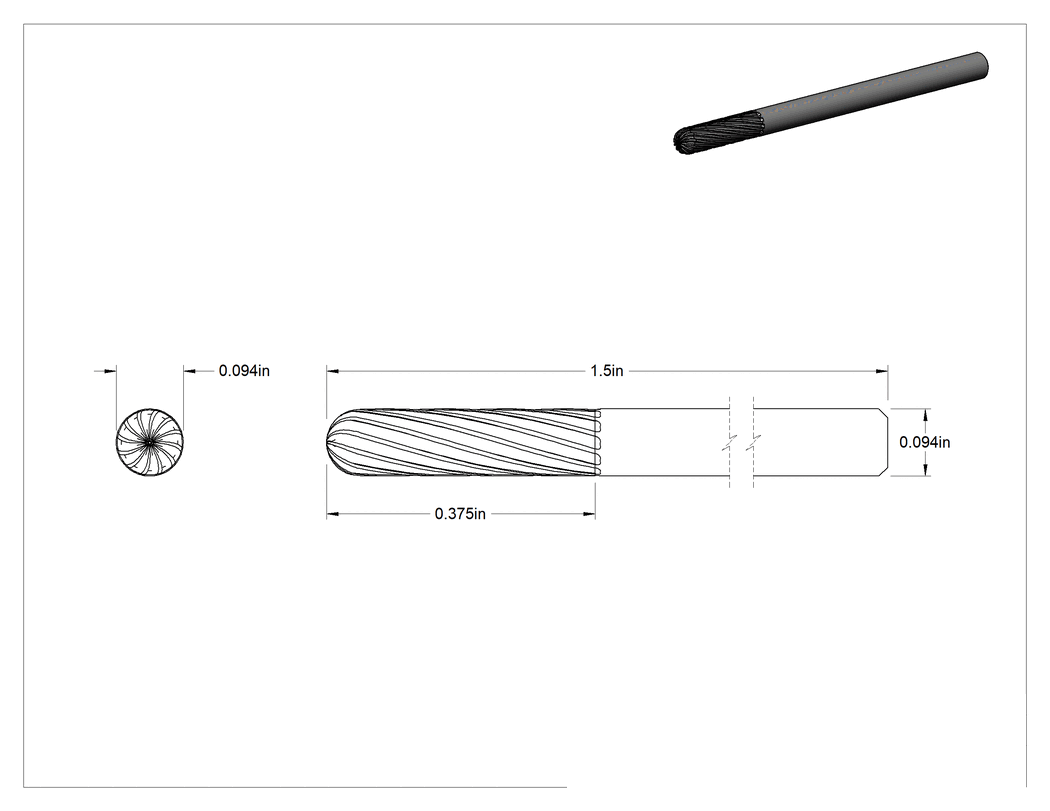 Teknik Çizim - 3/32" Çaplı Şaftlı Frez, Yuvarlak Silindir, Ticaret No. SC-61, Tek Kesimli Diş