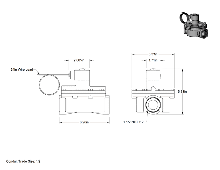 Teknik Çizim - Buhar için Solenoid Açma/Kapama Vanası, 316 Paslanmaz Çelik Gövde, Normalde Kapalı, 120V AC, 1-1/2 NPT Dişi