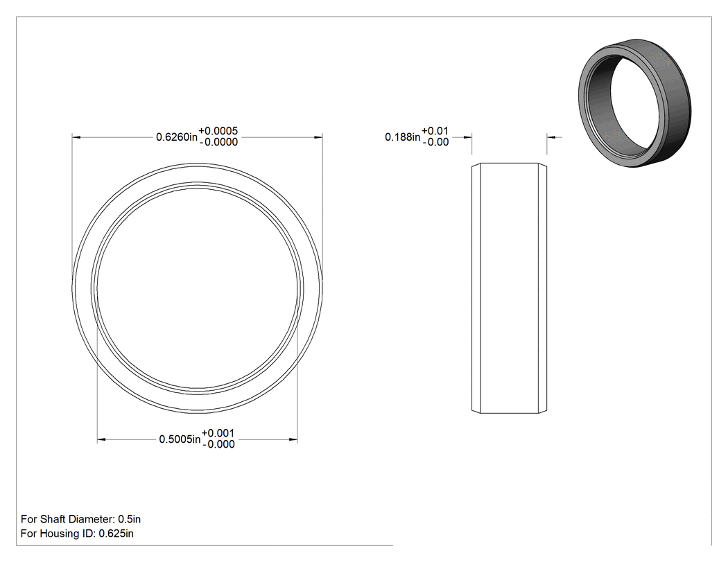 Teknik Çizim - Kuru Çalışmalı Metal Takviyeli PTFE Burçlu Yatak, 17-4 PH Paslanmaz Çelik Gövde, 1/2" Mil Çapı için, 3/16" Uzunluk