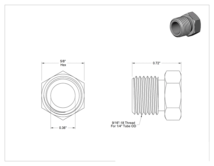 Teknik Çizim - 1/4" Dış Çaplı Boru için 23/32" Uzunlukta Erkek Somun Paslanmaz Çelik Borular için Ultra Parlak Contalı Bağlantı Parçası