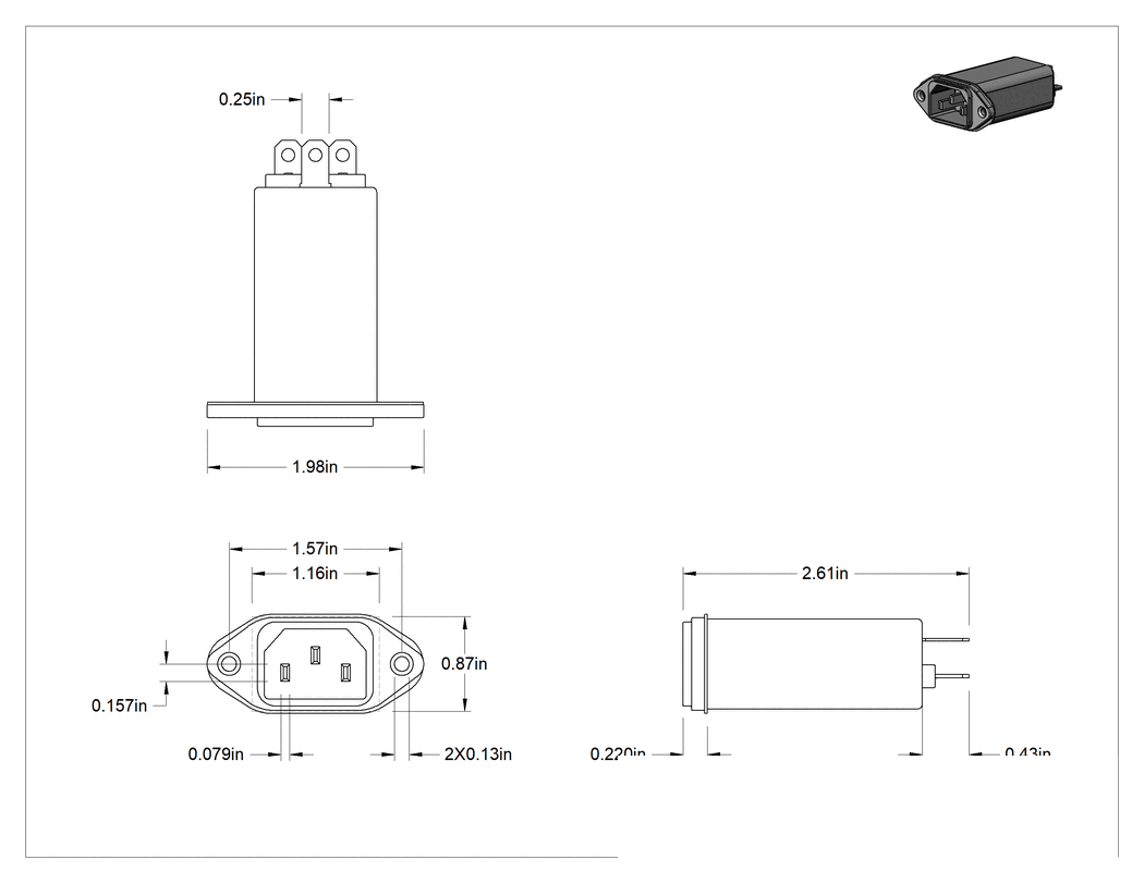 Teknik Çizim - EMI Filtreleme IEC Konektörü, Entegre Güç Kaynaklı, C14, 3.3V DC