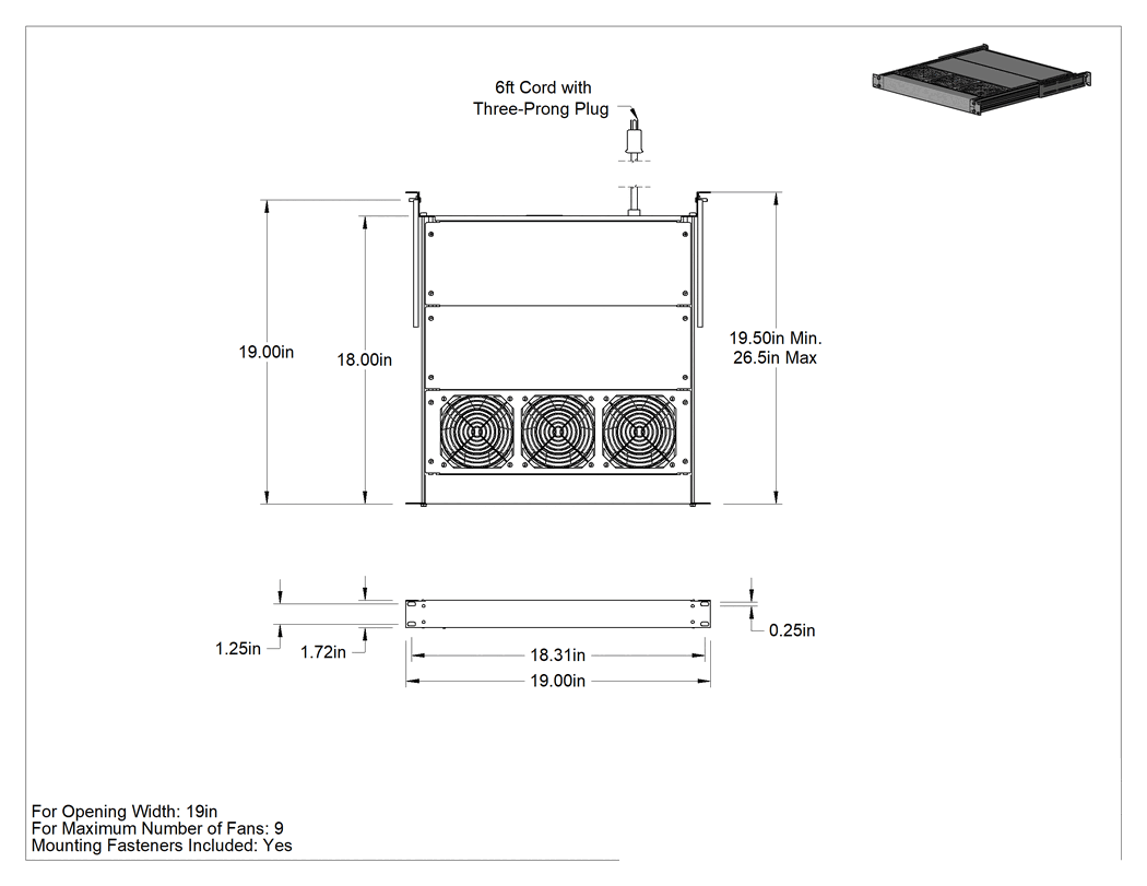 Teknik Çizim - Genişletilebilir Muhafaza Soğutma Fan Tepsisi, 120V AC