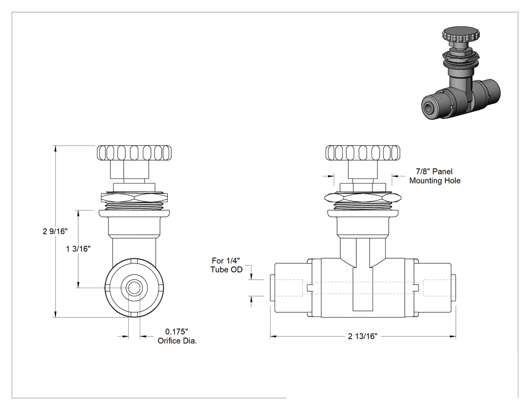 Teknik Çizim - Hassas Akış Ayar Valfi, 1/4" Dış Çaplı Boru için İtme ile Bağlantı Parçaları, PVC