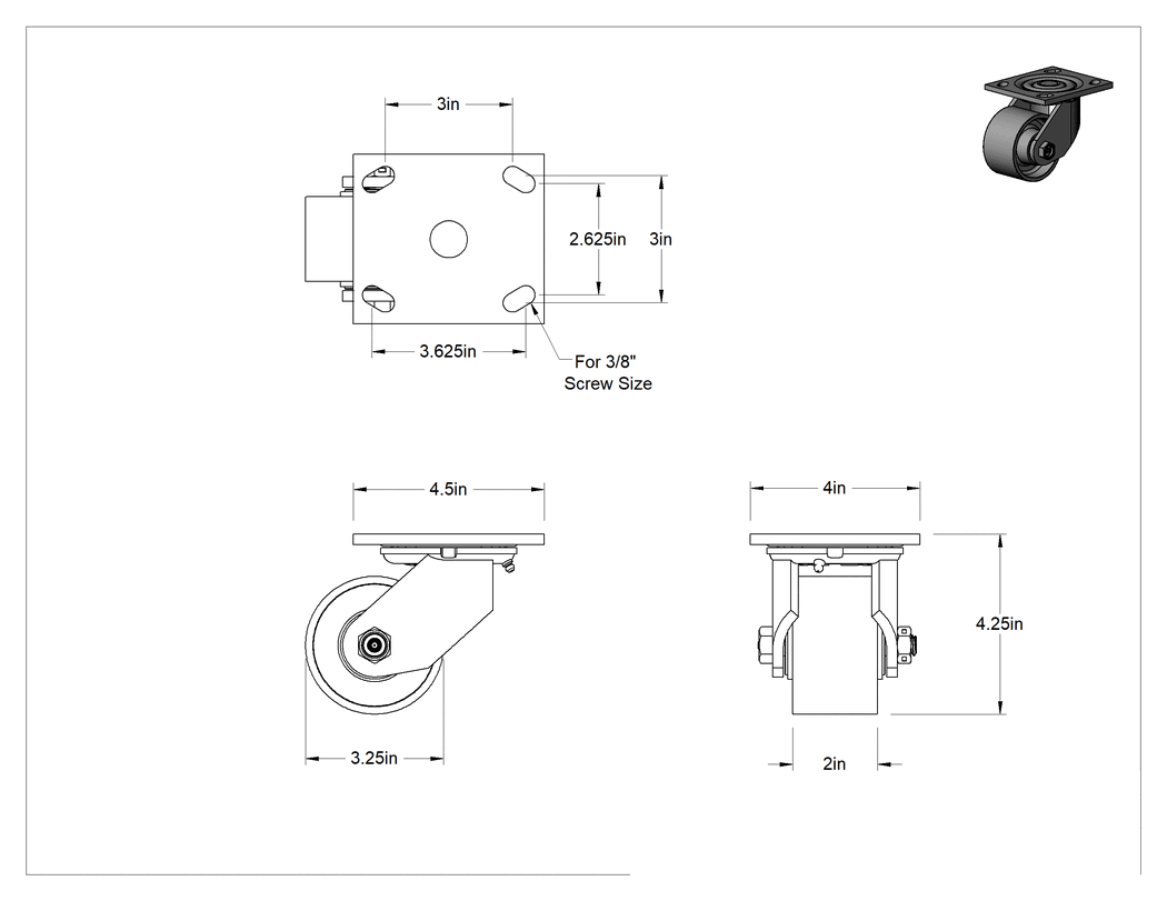 Teknik Çizim - 4-1/2" x 4" Plakalı Yüksek Kapasiteli Spartan Tekerlek, 3-1/4" Çapında Açık Rulmanlı Metal Tekerlekli Döner