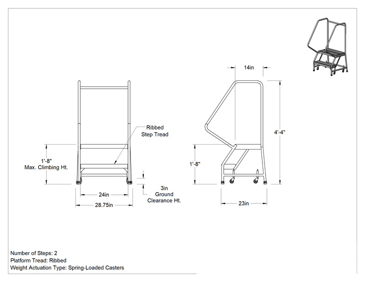 Teknik Çizim - Hafif Alüminyum Tekerlekli Platform Merdiveni, Yivli Basamaklar, 4'4" Yükseklik x 29" Genişlik x 23" Toplam Derinlik