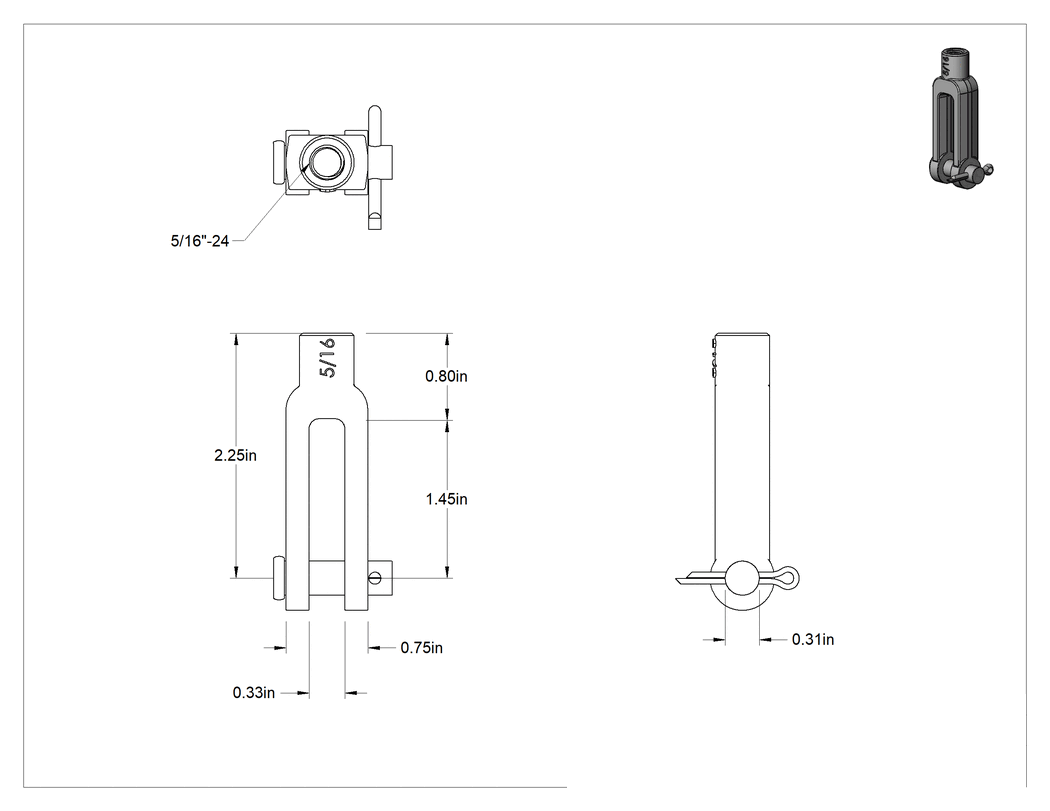Teknik Çizim - Çatal Çubuk Ucu, 316 Paslanmaz Çelik, 5/16"-24 Diş, 2-1/4" Şaft Merkez Uzunluğu