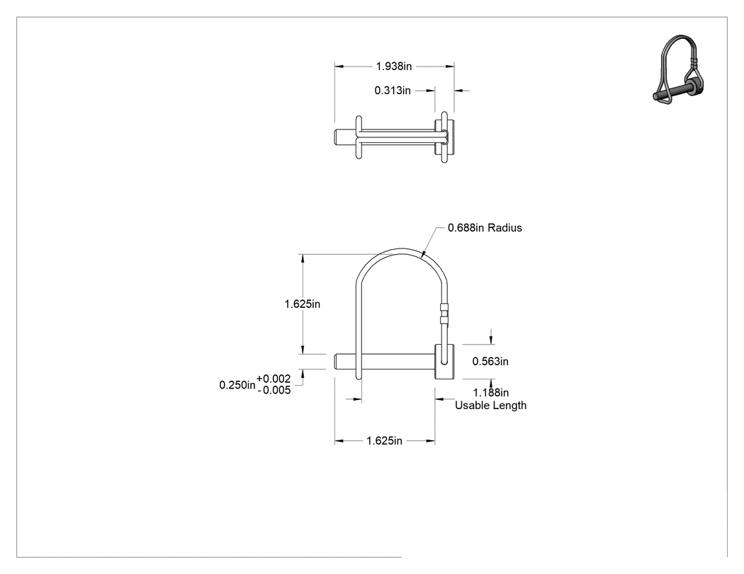 Teknik Çizim - Tel Tutuculu Çatal Pimi, 1004-1045 Çelik, Halkalı Yuvarlak, 1/4" Çap, 1-15/16" Uzunluk