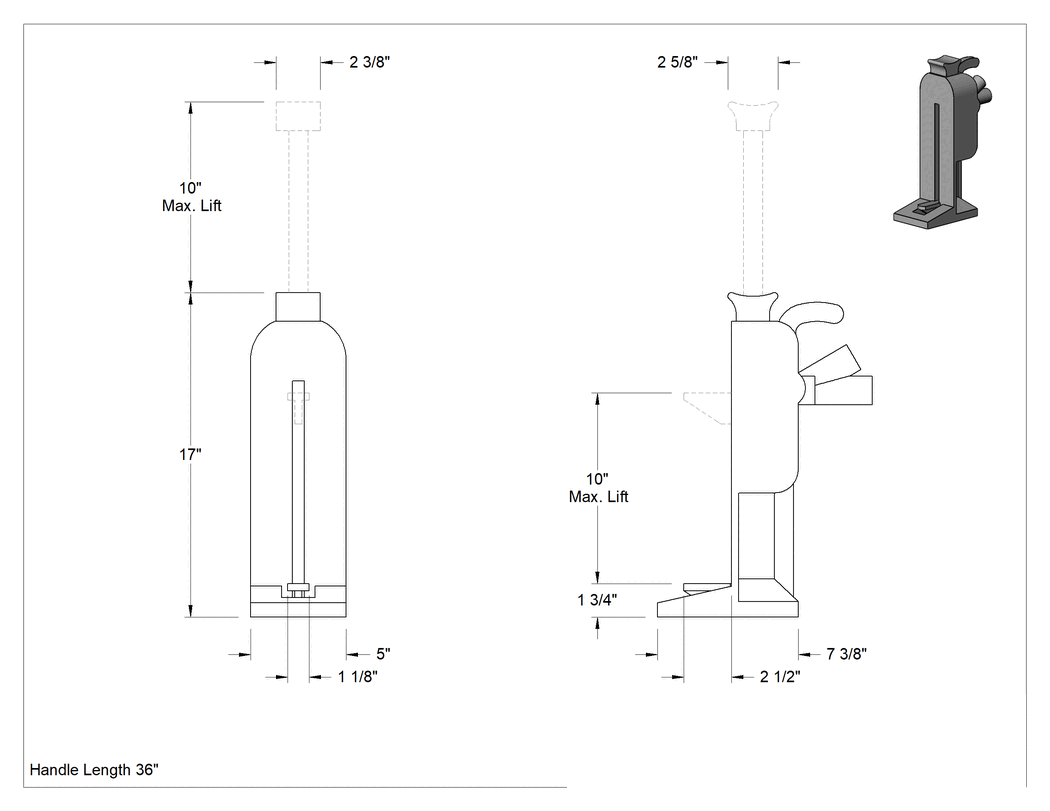 Teknik Çizim - İki Yükseklikte Cırcırlı Kriko, Demir, 5 Ton/10000 lbs. Kapasite, 10" Maksimum Kaldırma Yüksekliği