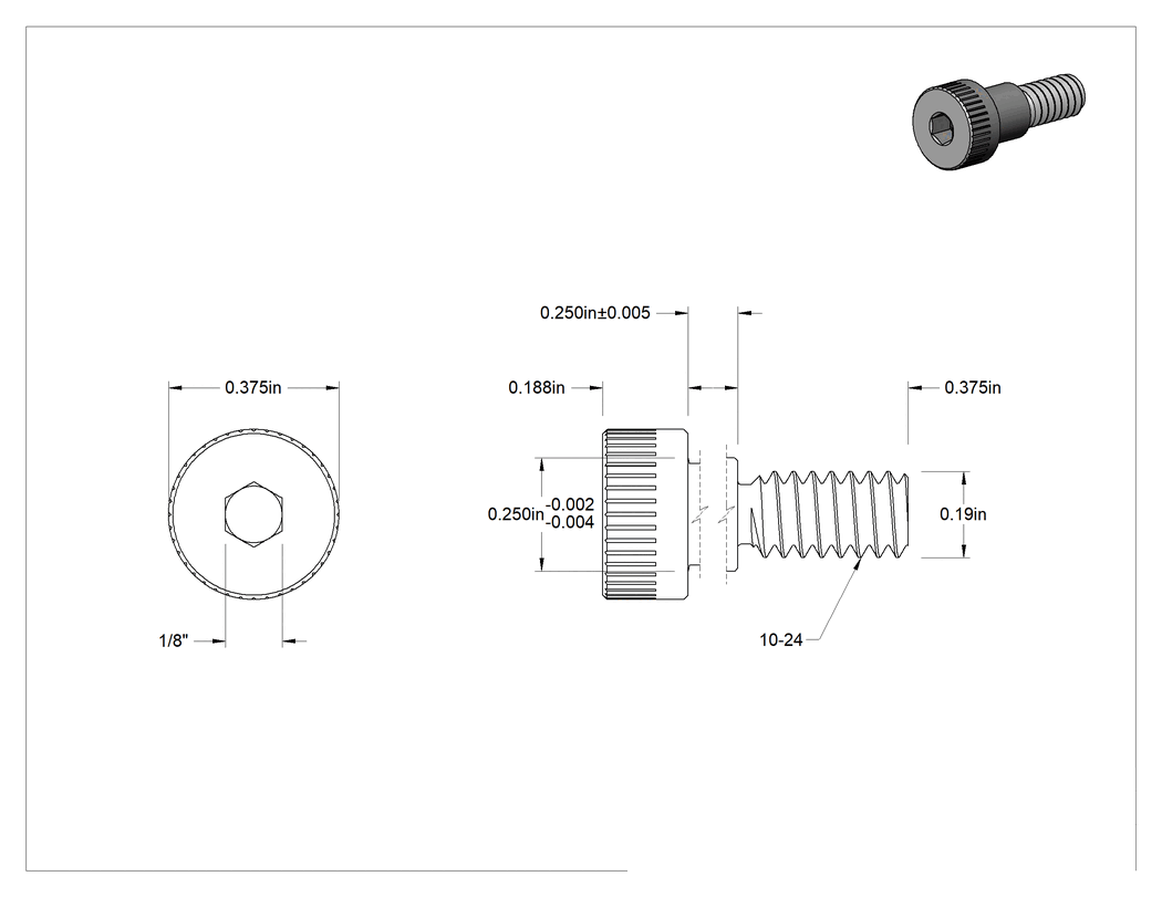 Teknik Çizim - 18-8 Paslanmaz Çelik Omuzlu Vida, Pasifleştirilmiş, 1/4" Omuz Çapı, 1/4" Omuz Uzunluğu, 10-24 Diş