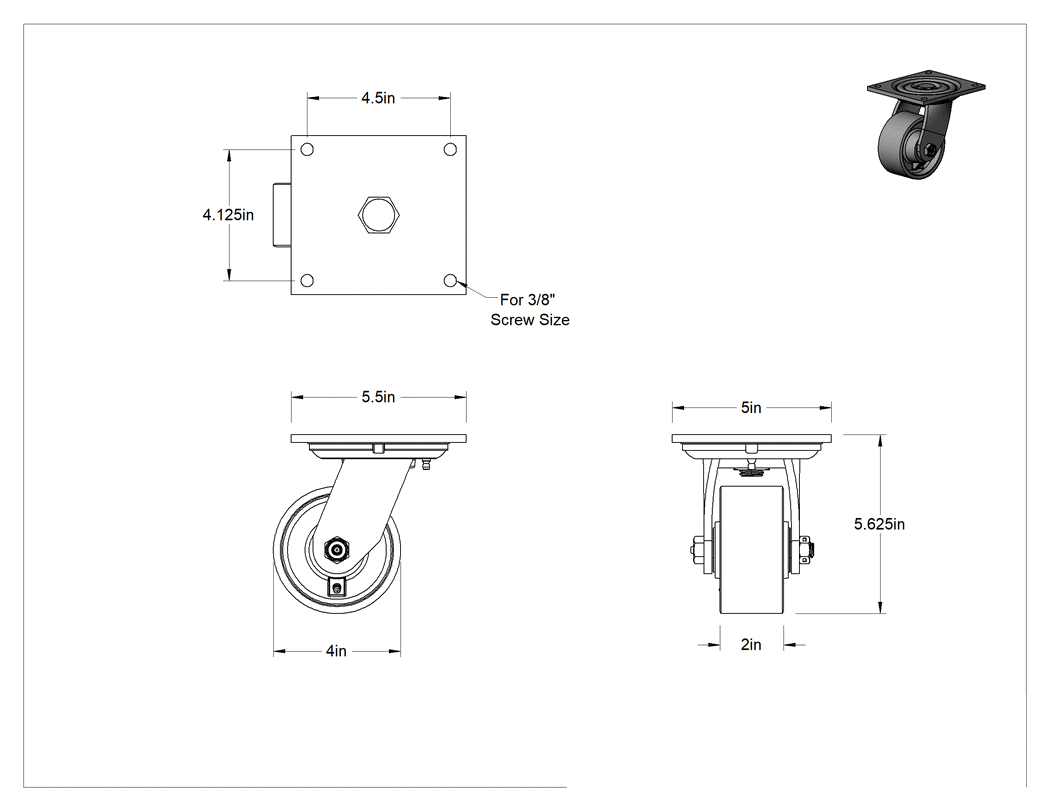 Teknik Çizim - 5-1/2" x 5" Plakalı Yüksek Kapasiteli Spartan Tekerlek, Sızdırmaz Rulmanlı ve 4 inç Çapında Demir Tekerlekli Döner Tekerlek