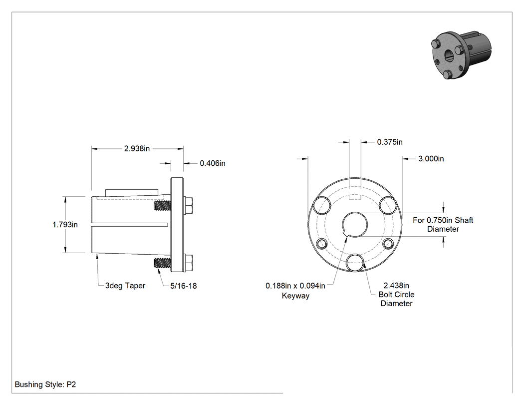 Teknik Çizim - Yarık Konik Burç, 3/4" Mil Çapı için Makine Kamalı P2 Stili, Çelik