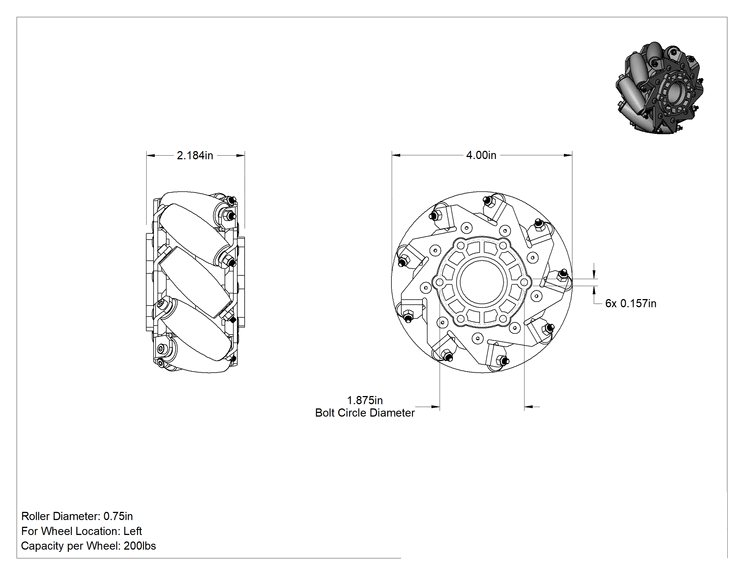 Teknik Çizim - Çok Yönlü Tekerlek, Sol, 4" Çap x 2-3/16" Genişlik