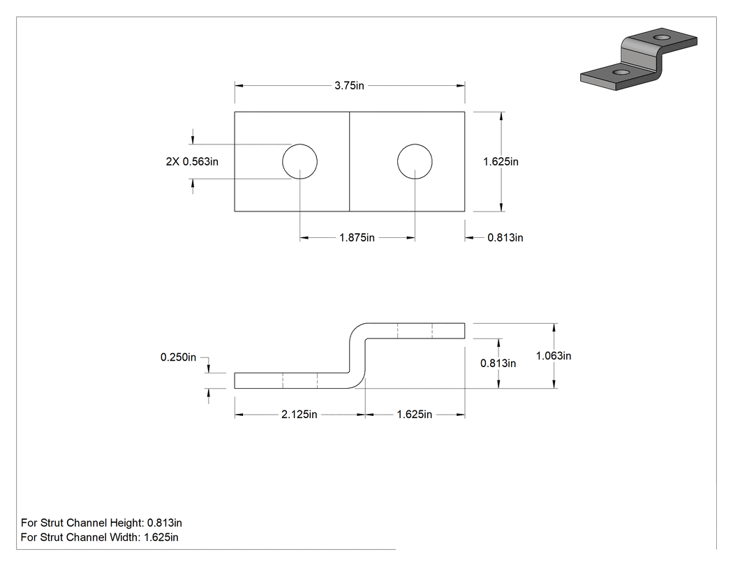 Teknik Çizim - Strut Kanalı Braketi, Z Şekli, 13/16" kanal yüksekliği için, Galvanizli Çelik