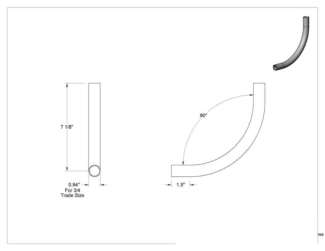 Teknik Çizim - 3/4 Anma Ölçüsü Erkek Galvanizli Çelik 90 Derece Dirsek, İnce Cidarlı (EMT) Çelik Kanal için