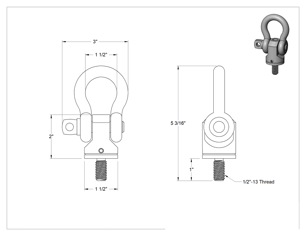 Teknik Çizim - Çıkarılabilir Şakelli Kaldırma Halkası - Kaldırma için, 1/2"-13 Diş Boyutu