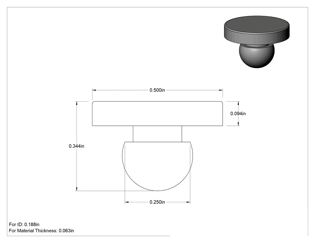 Teknik Çizim - Hava Koşullarına Dayanıklı EPDM Sıkı Geçmeli Tamponlar, 3/16" İç Çap için, 1/4" Sırt Çapı, 1/2" Dış Çap