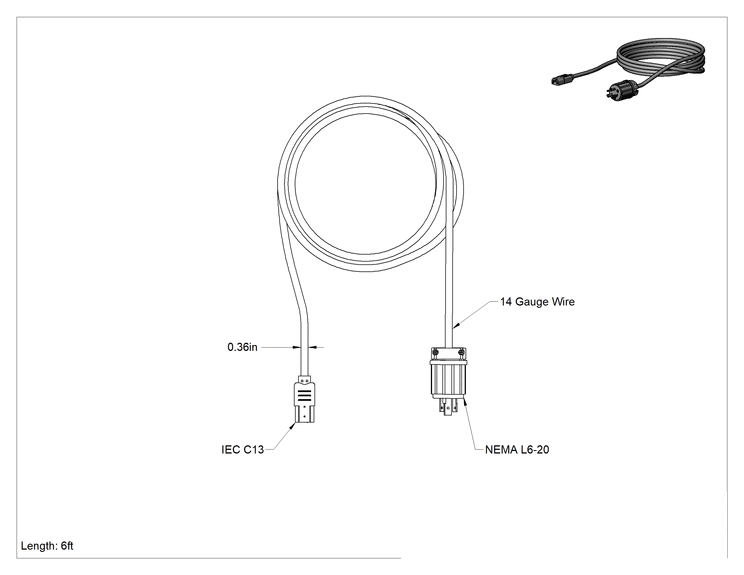 Teknik Çizim - Elektronik Ekipman Dönme Kilitli Güç Kabloları, NEMA L6-20 Fiş x IEC C13 Priz, 6 Fit Uzunluk