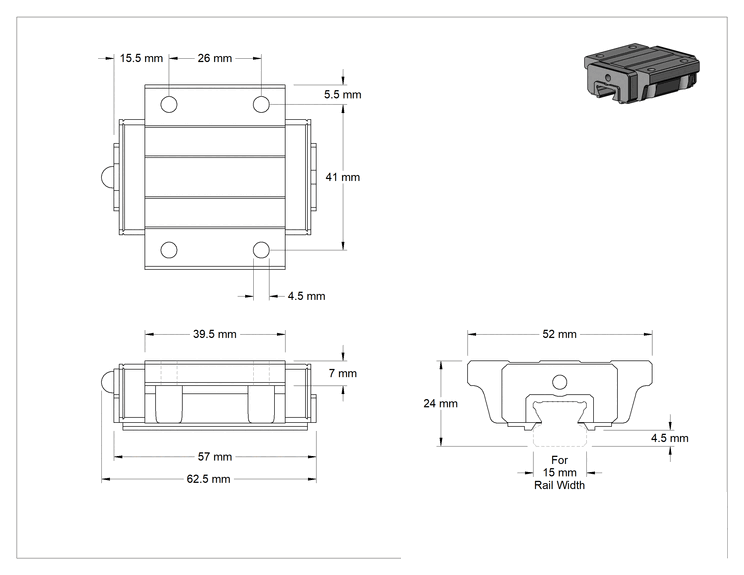 Teknik Çizim - Yatay Montajlı Bilyalı Rulmanlı Taşıyıcı, 15 mm Genişlikte Kılavuz Ray için Flanşlı