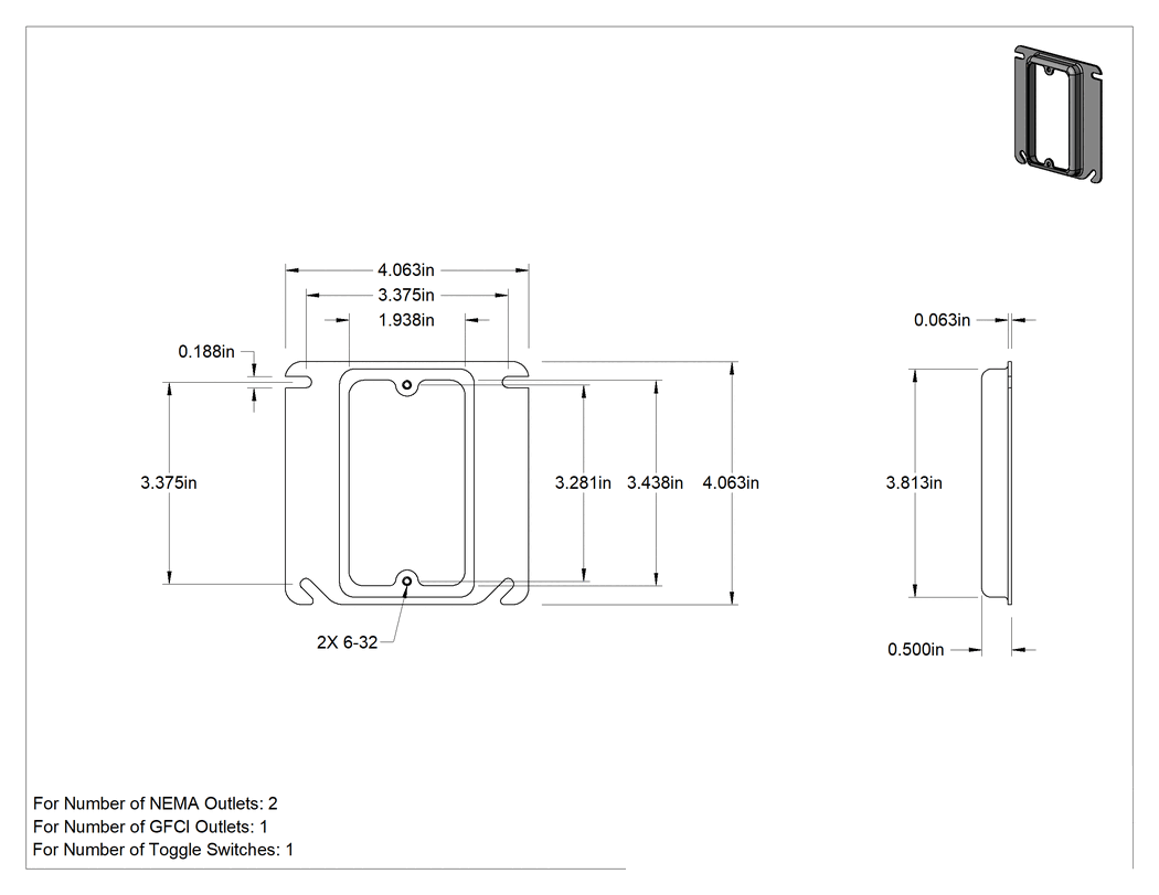 Teknik Çizim - 1/2" Derinlik, 4-1/16" Yükseklik, 1 NEMA için Kapak, GFCI veya Toggle Çelik Priz Kutusu