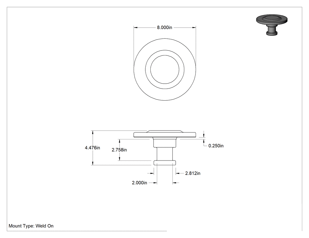 Teknik Çizim - Römork Pimi, Kaynaklı, 4-1/2" Yükseklik x 8" Çap Toplam