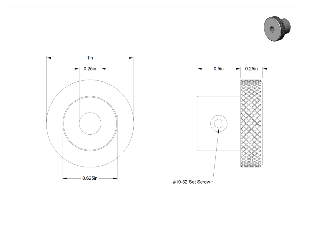 Teknik Çizim - Siyah Oksit Çelik Tırtıklı Topuz, Ayar Vidalı, ve 1/4" Çaplı Dişsiz Geçiş Deliği