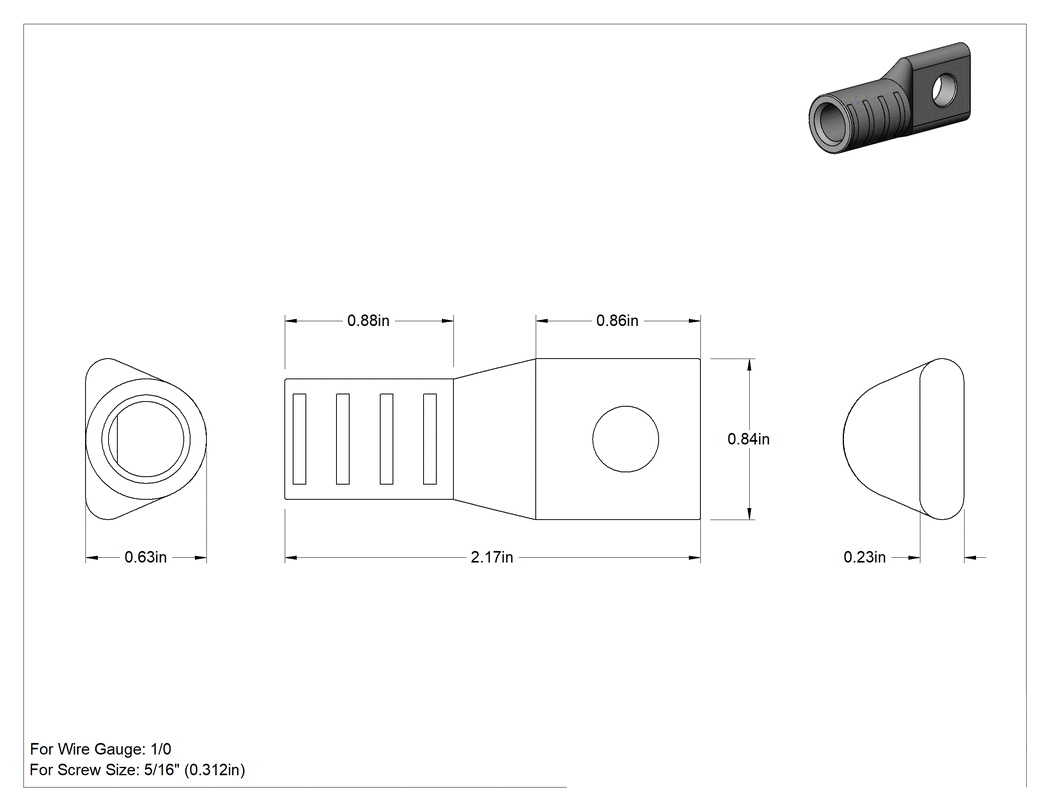 Teknik Çizim - Kalay Kaplı Alüminyum Sıkıştırma Pabucu, 1 Delik, Tek Sıkma, 1/0 AWG ve 5/16" Vida Boyutu için