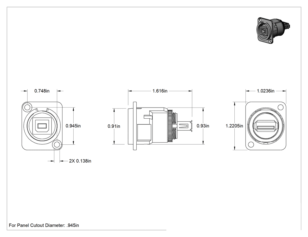 Teknik Çizim - Panele Monte USB Adaptörü, USB 2.0, B Dişi x A Dişi, Nikel Kaplı Plastik