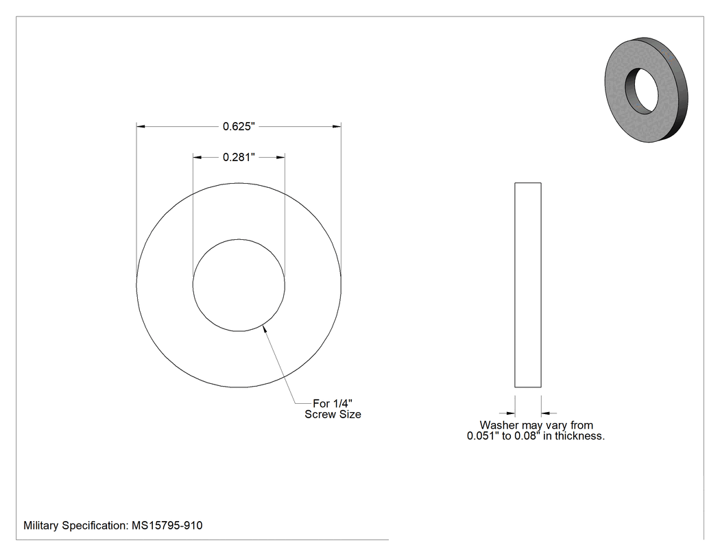 Teknik Çizim - Siyah Oksitli Pirinç Mil. Spes. Pul, 1/4" Vida Boyutu için, 0.281" İç Çap, 0.625" Dış Çap, MS15795-910
