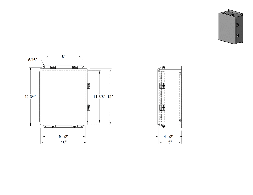 Teknik Çizim - EMI/RFI Koruyucu Çelik Muhafaza, 12" Yükseklik x 10" Genişlik x 5" Derinlik