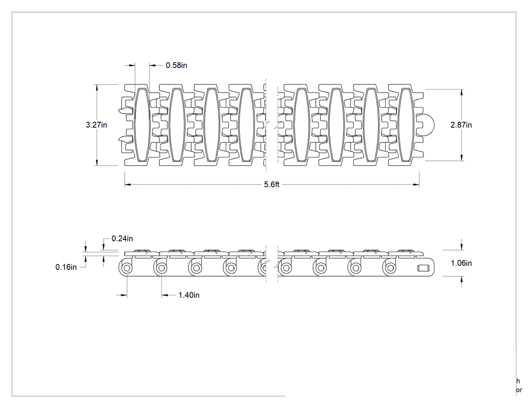 Teknik Çizim - 3.25" Genişlik x 5 Fit Uzunluk Modüler Mini Zincirli Konveyör için Pürüzlü Yüzeyli Kayış