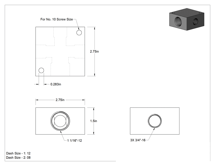 Teknik Çizim - Üç Çıkışlı Düşük Profilli Kare Manifold, Alüminyum, UN/UNF(SAE), 1-1/16"-12 Giriş x 3/4"-16 Çıkış