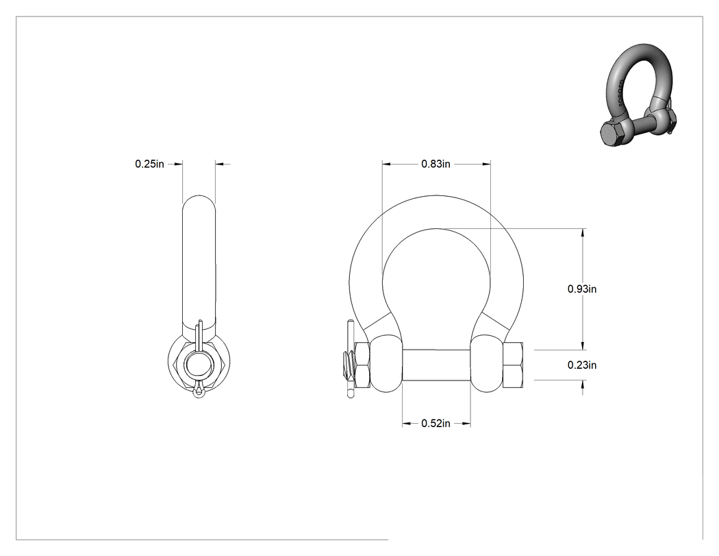 Teknik Çizim - Emniyet Pimli Şakel - Kaldırma Amaçlı Değildir, 1/4" Kalınlık