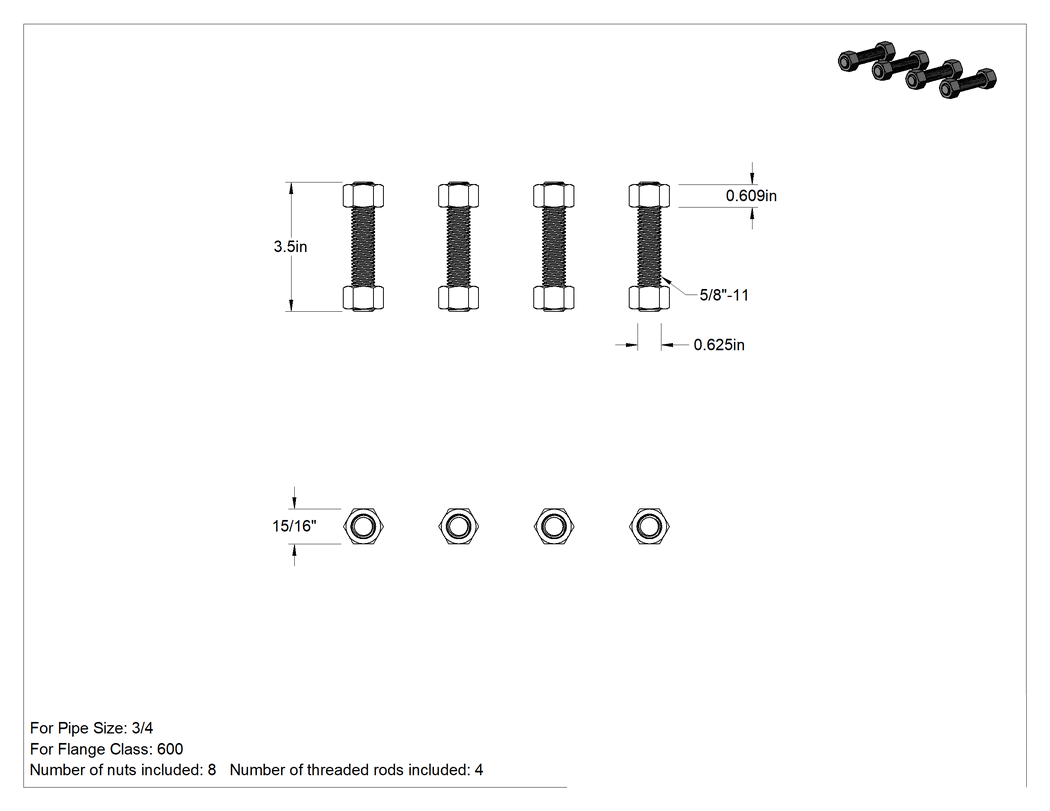 Teknik Çizim - 316 Paslanmaz Çelik Gijon ve Altıköşe Somun Kiti, Sınıf 600 Boyut 3/4 Boru Flanşı için