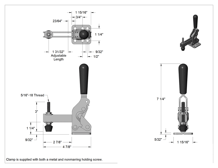 Teknik Çizim - Sabitleme Mandal Kelepçesi, Açık Kol, Çelik, 1000 lb. tutma kapasitesi, 4-7/8" Toplam Uzunluk