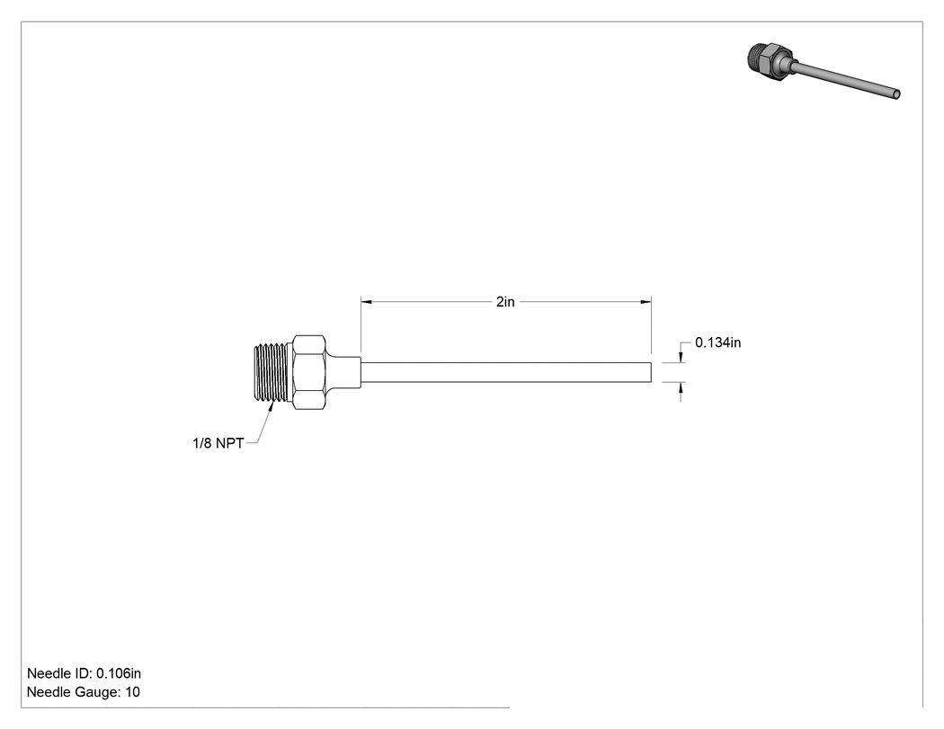 Teknik Çizim - Yeniden Kullanılabilir Paslanmaz Çelik Şırınga İğnesi, 1/8 NPT Erkek Diş, 10 G