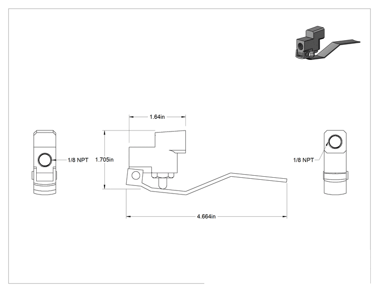 Teknik Çizim - Pirinç Gövde Çıtçıtlı Dişli Açma/Kapama Vanası, İtmeyle Çalışan Kol ve Ofset Bağlantı Noktaları, 1/8 NPT Dişi