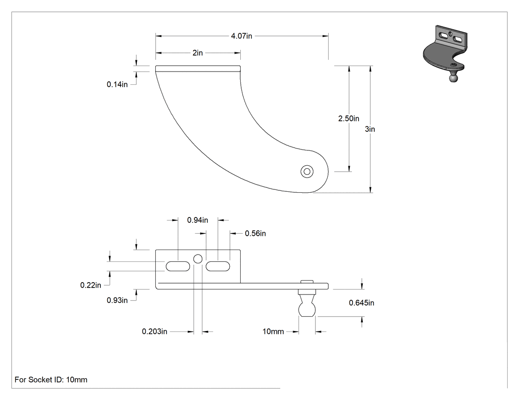 Teknik Çizim - 90 Derece Açılı Küresel Saplı Montaj Braketi, 10 mm Küre Çapı, 0.645" Küre Yüksekliği, Uzatılmış Sol
