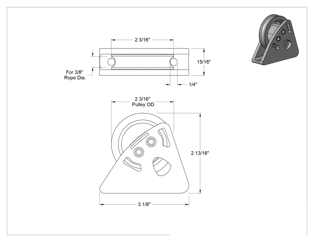 Teknik Çizim - Yatay Çekme için Halatlı Montajlı Kasnak, Rulmanlı, 3/8" Çap için, 1100 lbs. Kapasite