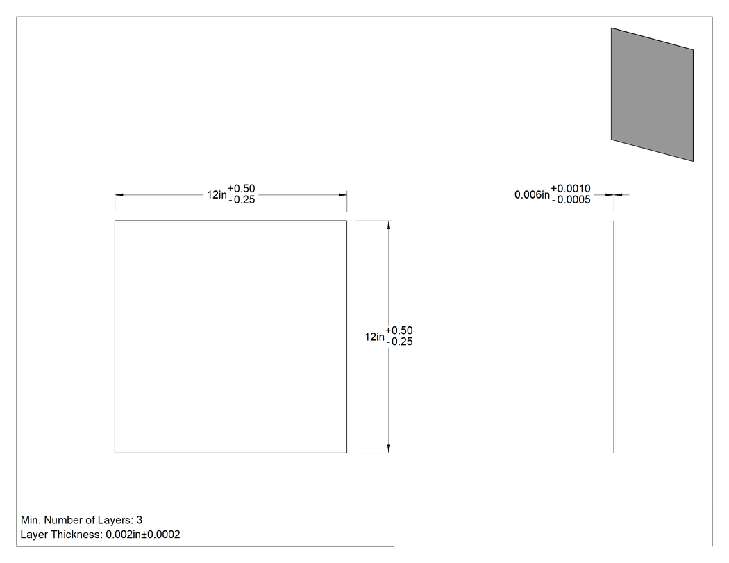 Teknik Çizim - 1100 Alüminyum Soyulabilir Çok Katmanlı Şim, 0.002 inç Katman Kalınlığı, 0.0060 inç Kalınlık, 12" x 12"