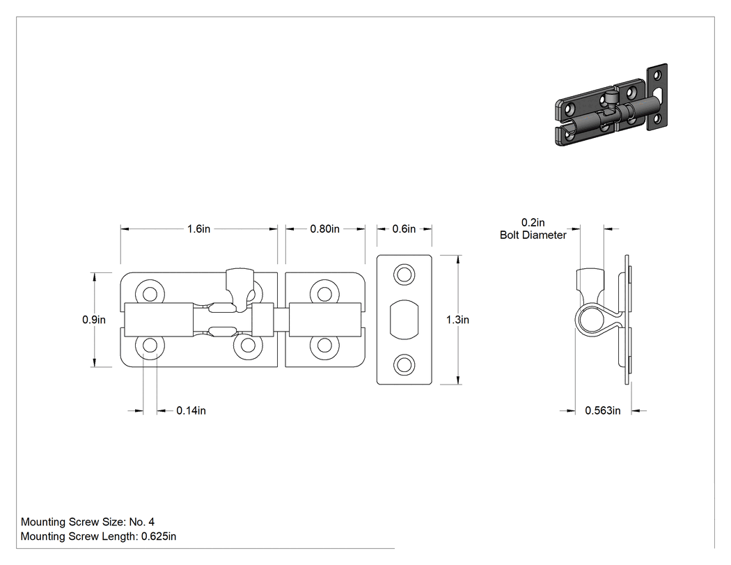 Teknik Çizim - Kaldır-Bırak Namlu Kayar Cıvata Mandalı, 304 Paslanmaz Çelik, 1" Yükseklik x 1-9/16" Genişlik