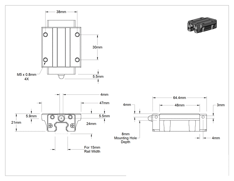 Teknik Çizim - Rulmanlı Taşıyıcı, Temiz Oda, Flanşlı, 15 mm Genişlikte Ray için, 3150 lbs. Kapasite
