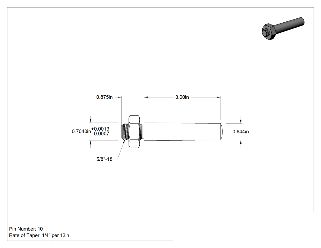 Teknik Çizim - 12L14 Karbon Çelik Dişli Konik Pim, 10 Numaralı Pim, 0.704" Büyük Uç Çapı, 3" Uzunluk
