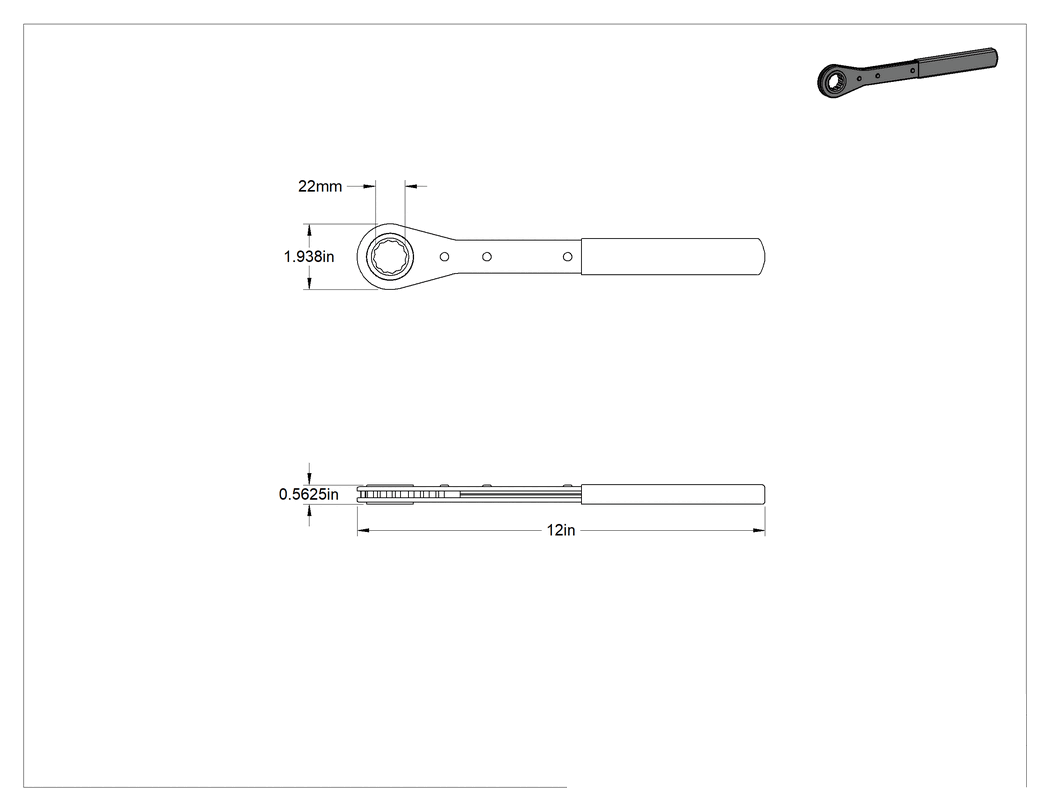 Teknik Çizim - 12 Uçlu Açılır Cırcırlı Kutu Anahtarı, 22 mm Boyut, 12 inç Toplam Uzunluk