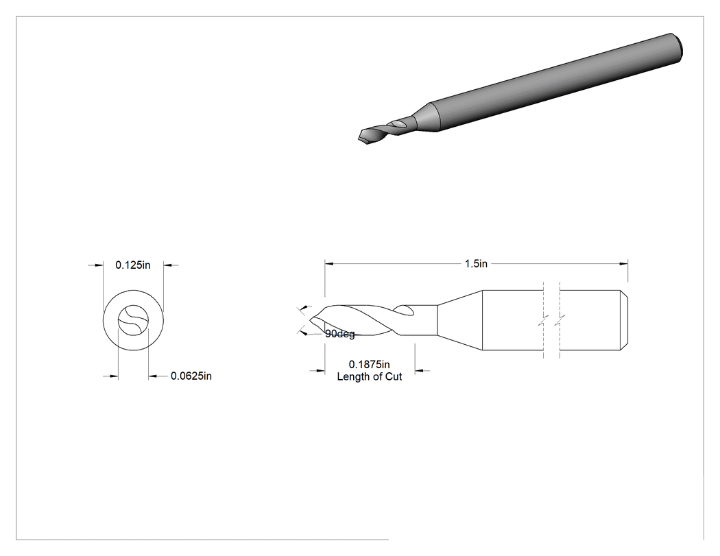Teknik Çizim - Karbür Matkap/Freze 2 Kanallı Parmak Freze, Kaplamasız, 1/16" Freze Çapı