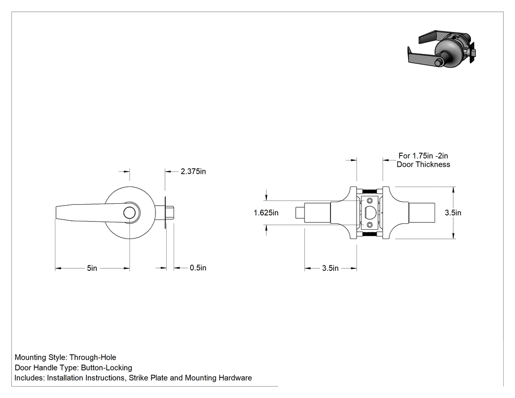 Teknik Çizim - Assa Abloy Accentra (Yale) 5300Ln Kapı Kolu, Düğme Kilitli, 2-3/8" Boğaz Mesafesi